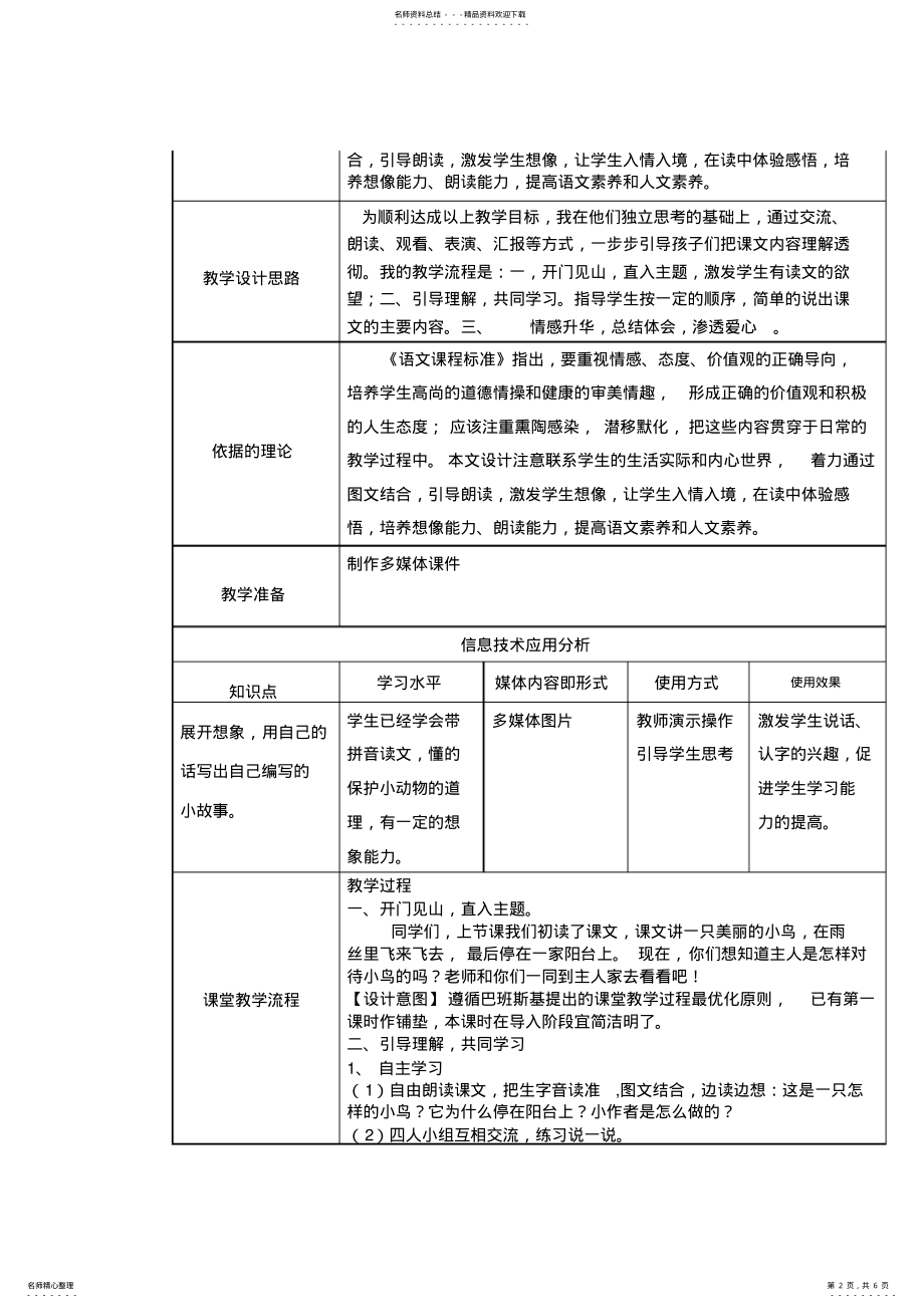 2022年授导型教学设计阳台上的小鸟 .pdf_第2页