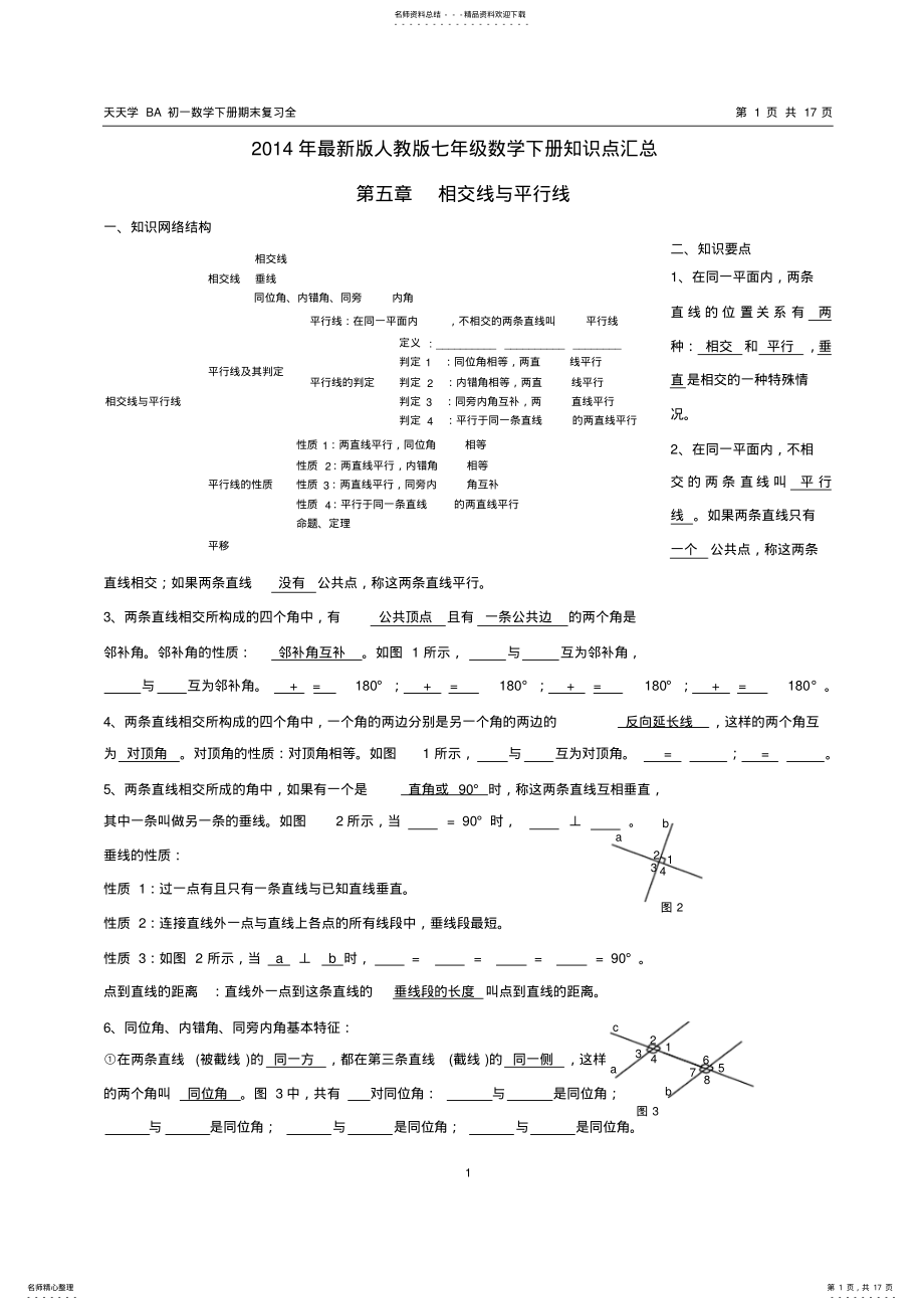 2022年新人教版七年级数学下册知识点及典型试题汇总,推荐文档 .pdf_第1页