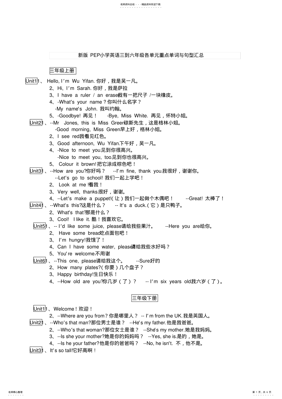 2022年新版PEP小学英语三到六年级各单元重点单词与句型汇总,推荐文档 .pdf_第1页