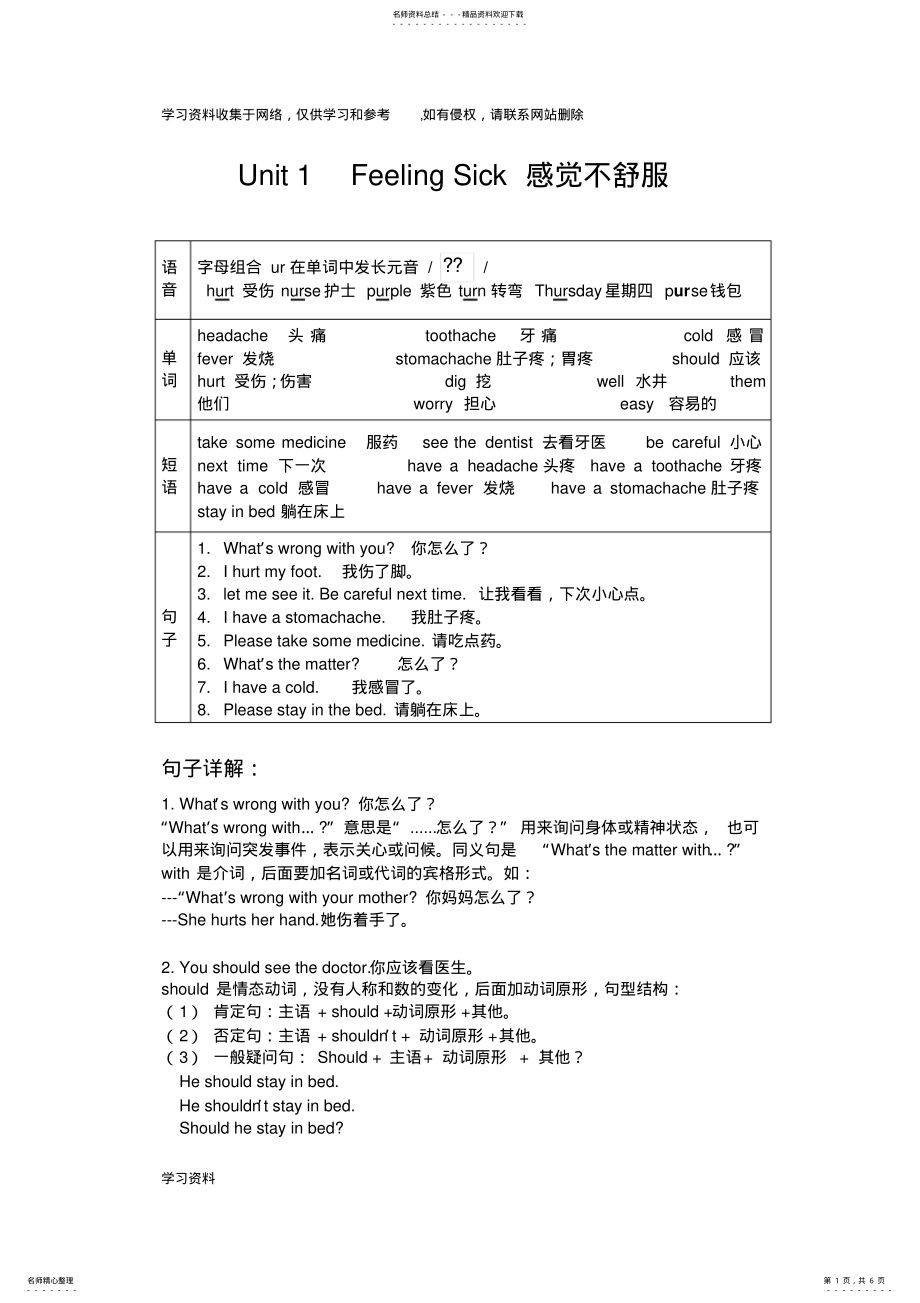 开心版英语六年级上册各单元学习重点 .pdf_第1页