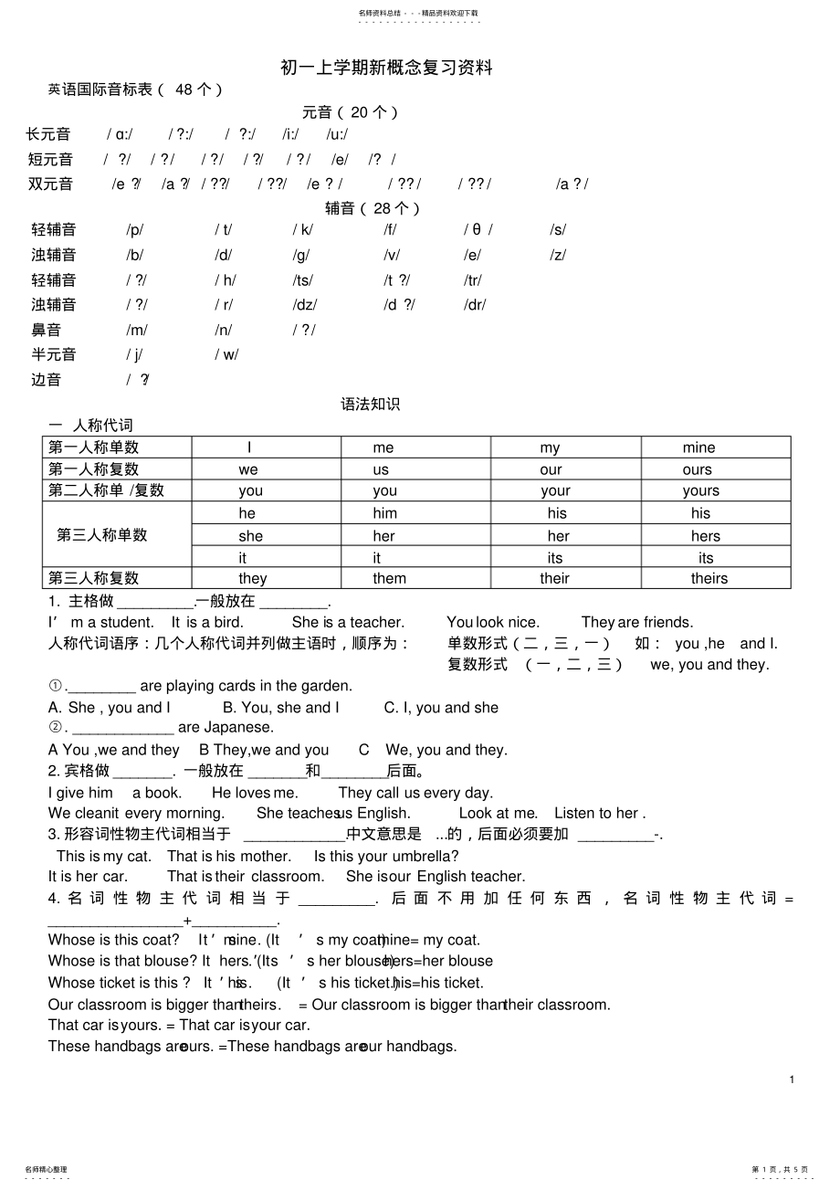 2022年新概念英语一-课语法知识点总结复习以及相应习题 .pdf_第1页