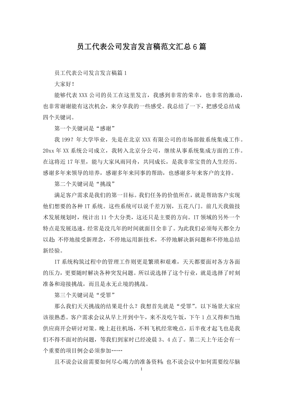 员工代表公司发言发言稿范文汇总6篇.docx_第1页