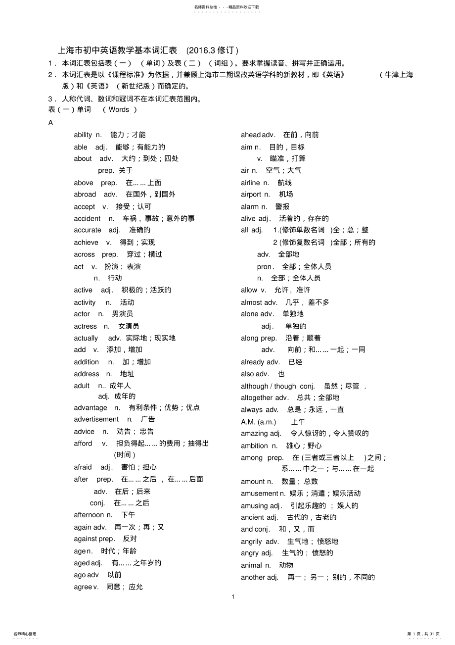 2022年新上海初中英语中考考纲词汇 .pdf_第1页