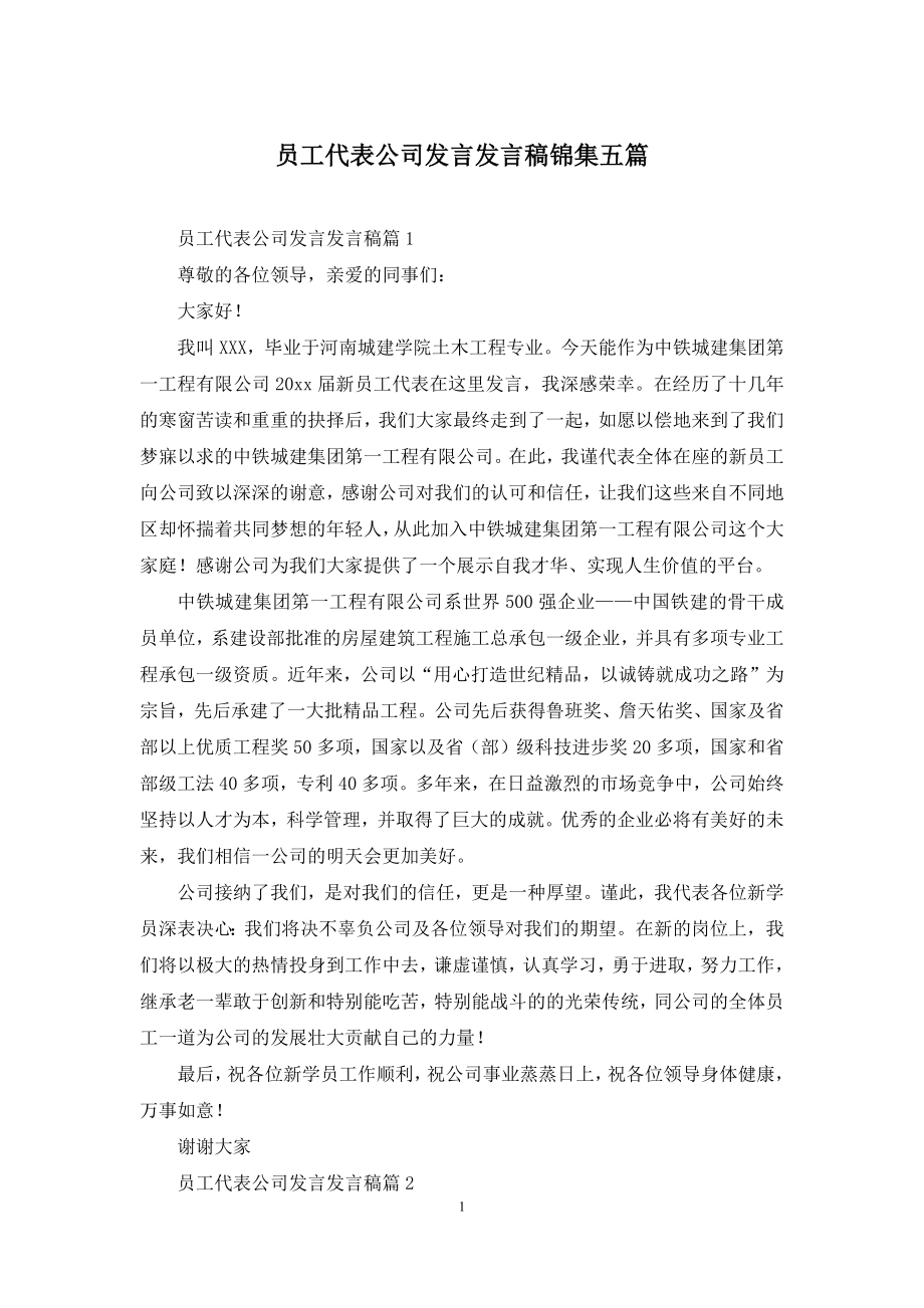 员工代表公司发言发言稿锦集五篇.docx_第1页