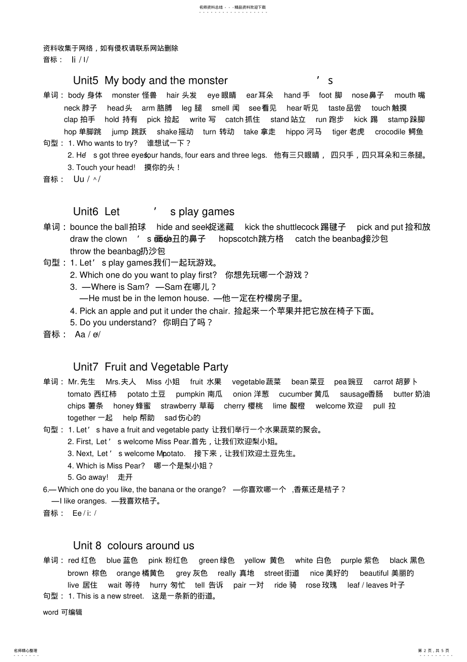 2022年2022年剑桥少儿英语一级上册各单元知识点汇总说课讲解 .pdf_第2页