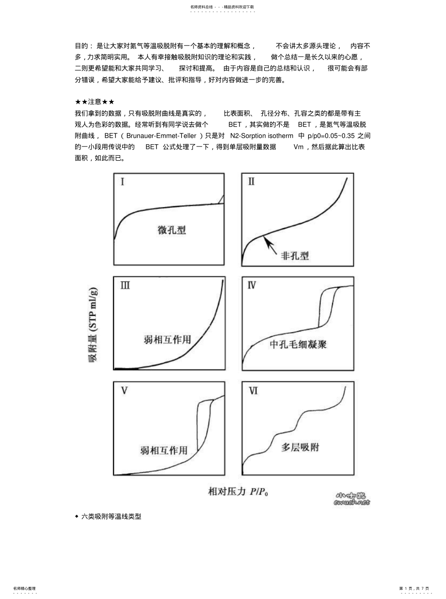 2022年2022年关于氮气等温吸脱附计算比表面积、孔径分布的若干说明 .pdf_第1页