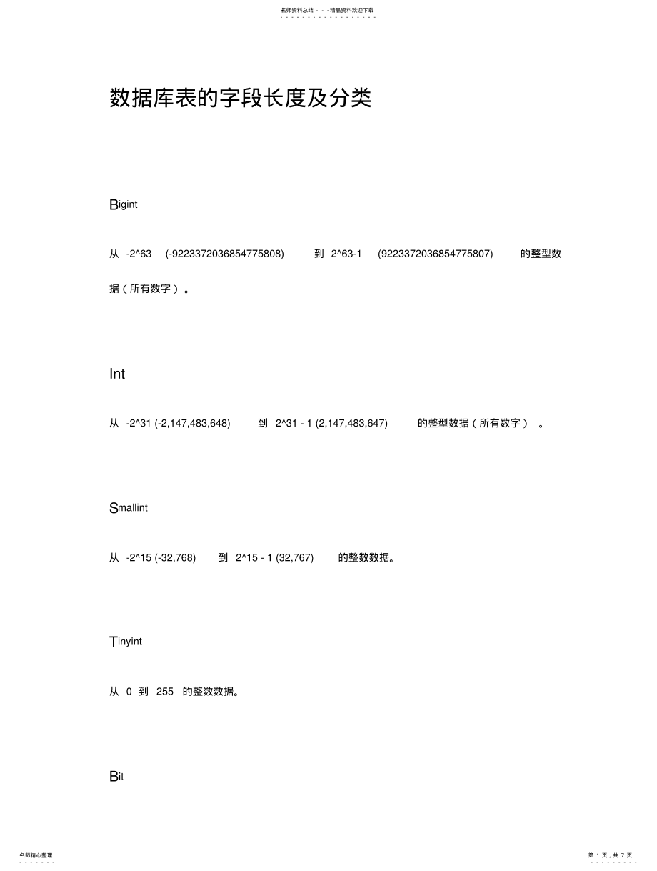 2022年数据库表的字段长度及分类 .pdf_第1页