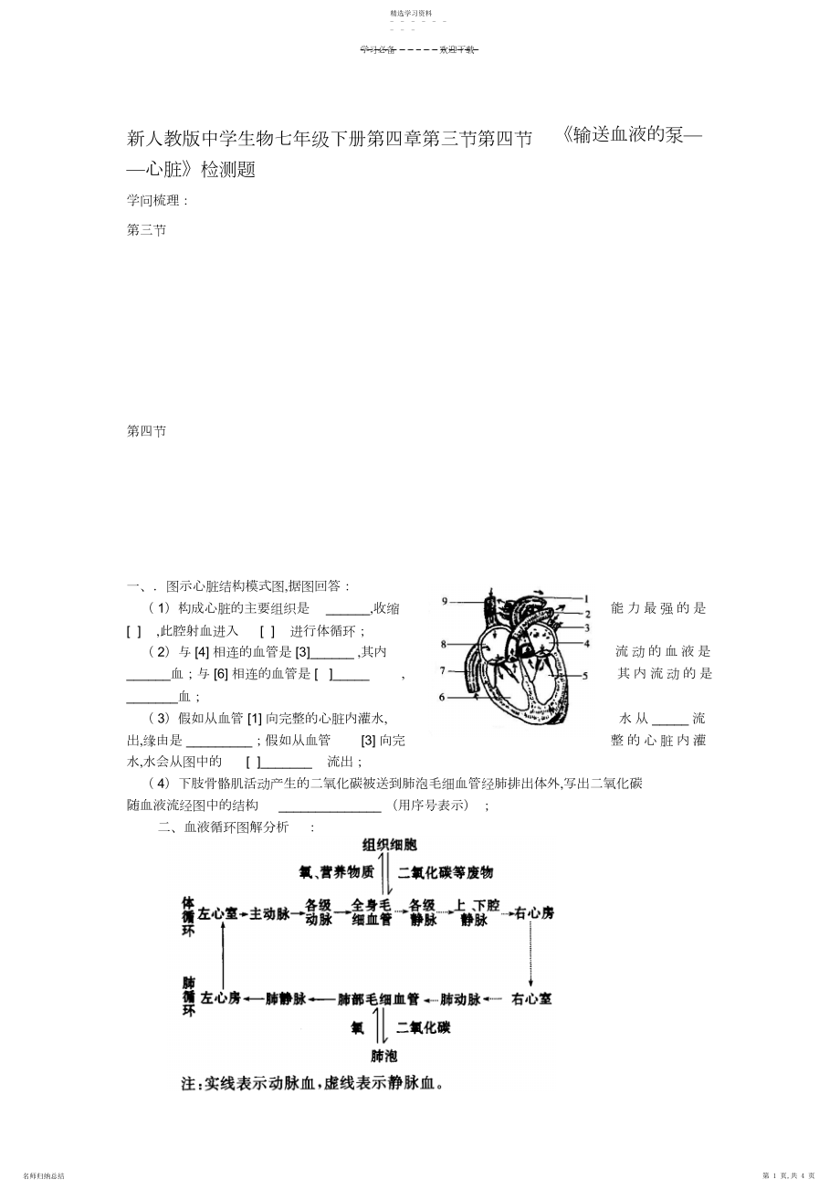 2022年新人教版初中生物七年级下册第四章第三节第四节《输送血液的泵心脏》检测题.docx_第1页