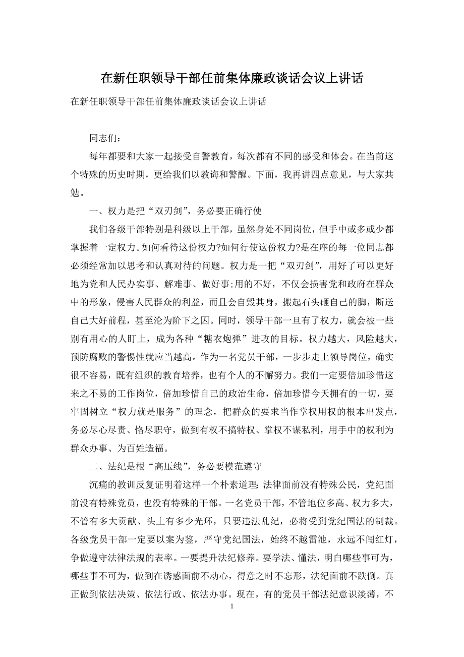 在新任职领导干部任前集体廉政谈话会议上讲话.docx_第1页