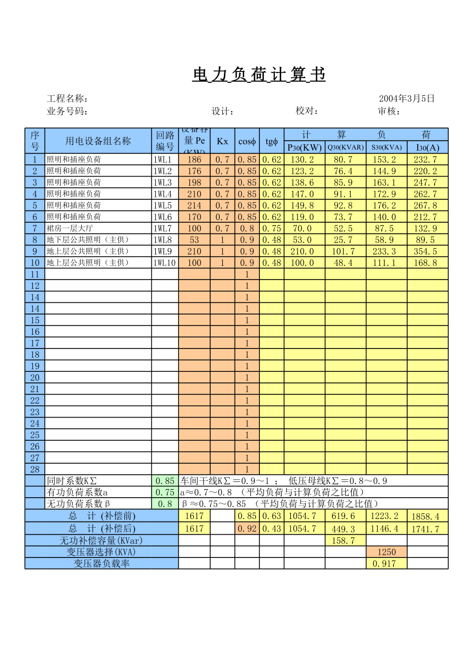 电力负荷计算书(完美版)-自动计算表格.xls_第1页