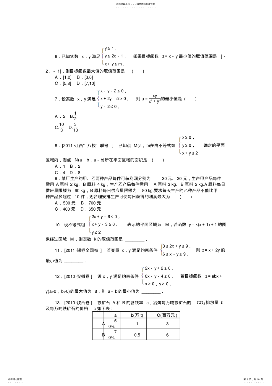 2022年数学新课标高考一轮复习训练手册-第讲《二元一次不等式与简单的线性规划问题》人教A版必修 .pdf_第2页