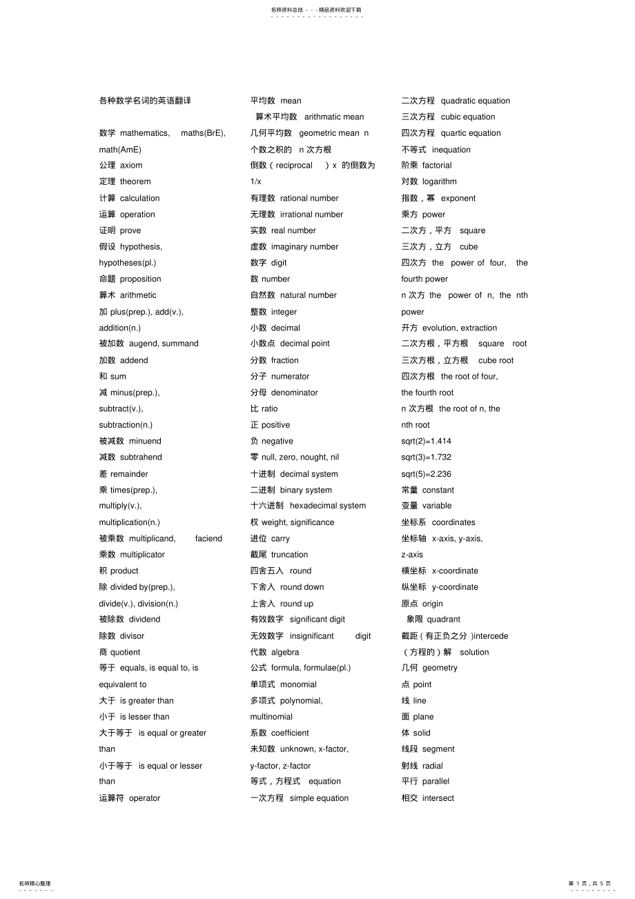 各种数学名词的英语翻译 .pdf_第1页