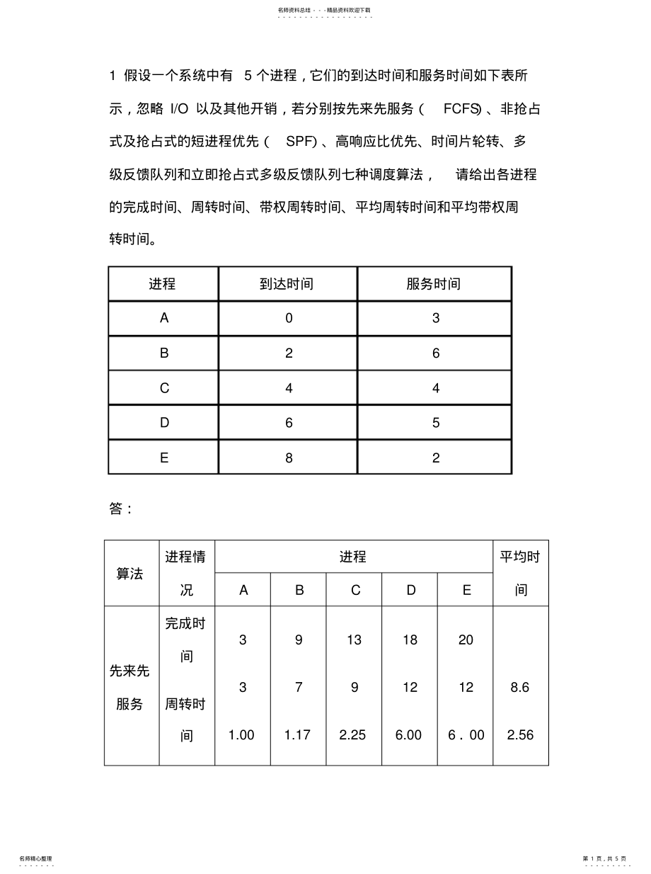 2022年操作系统进程调度练习及答案 .pdf_第1页