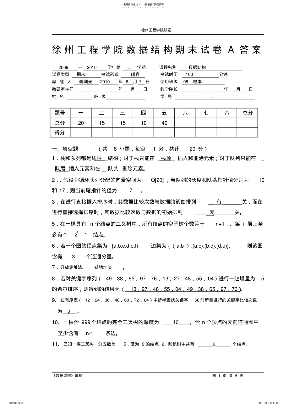 2022年数据结构期末试卷A答案 .pdf_第1页