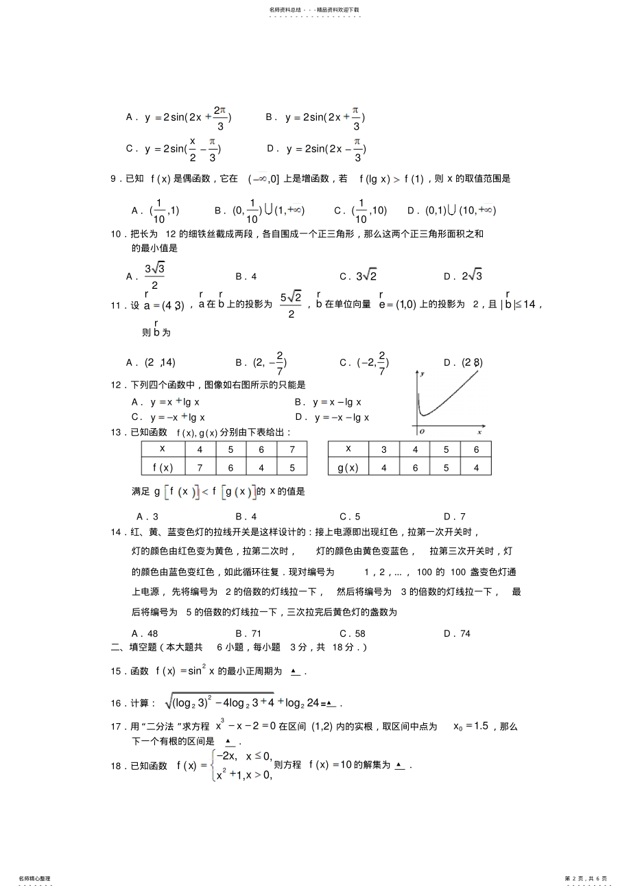 2022年数学同步练习题考试题试卷教案高一年级数学上册期末质量评估试题 .pdf_第2页