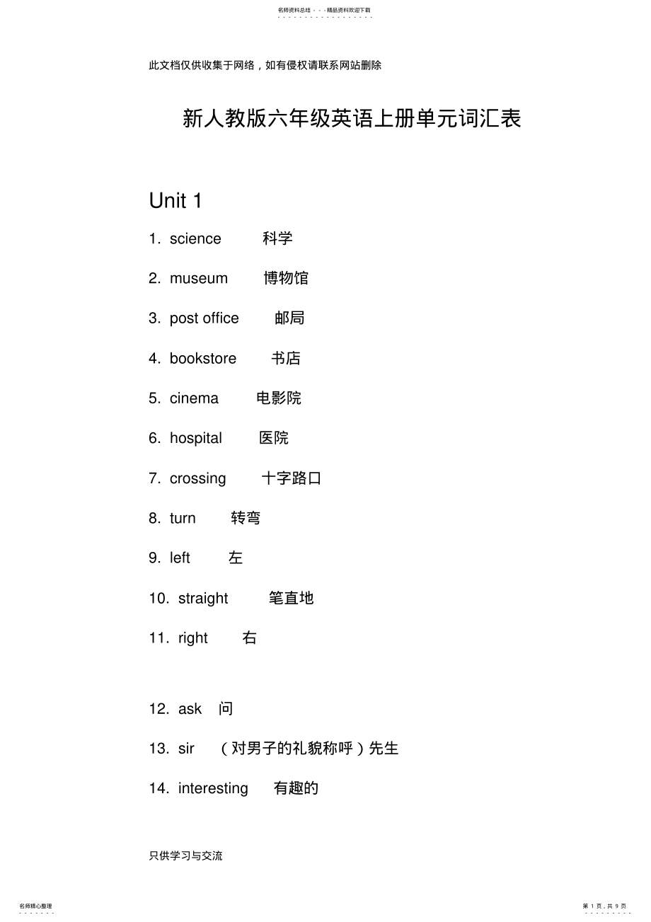 2022年新人教版六年级英语上册单元词汇表培训课件 .pdf_第1页