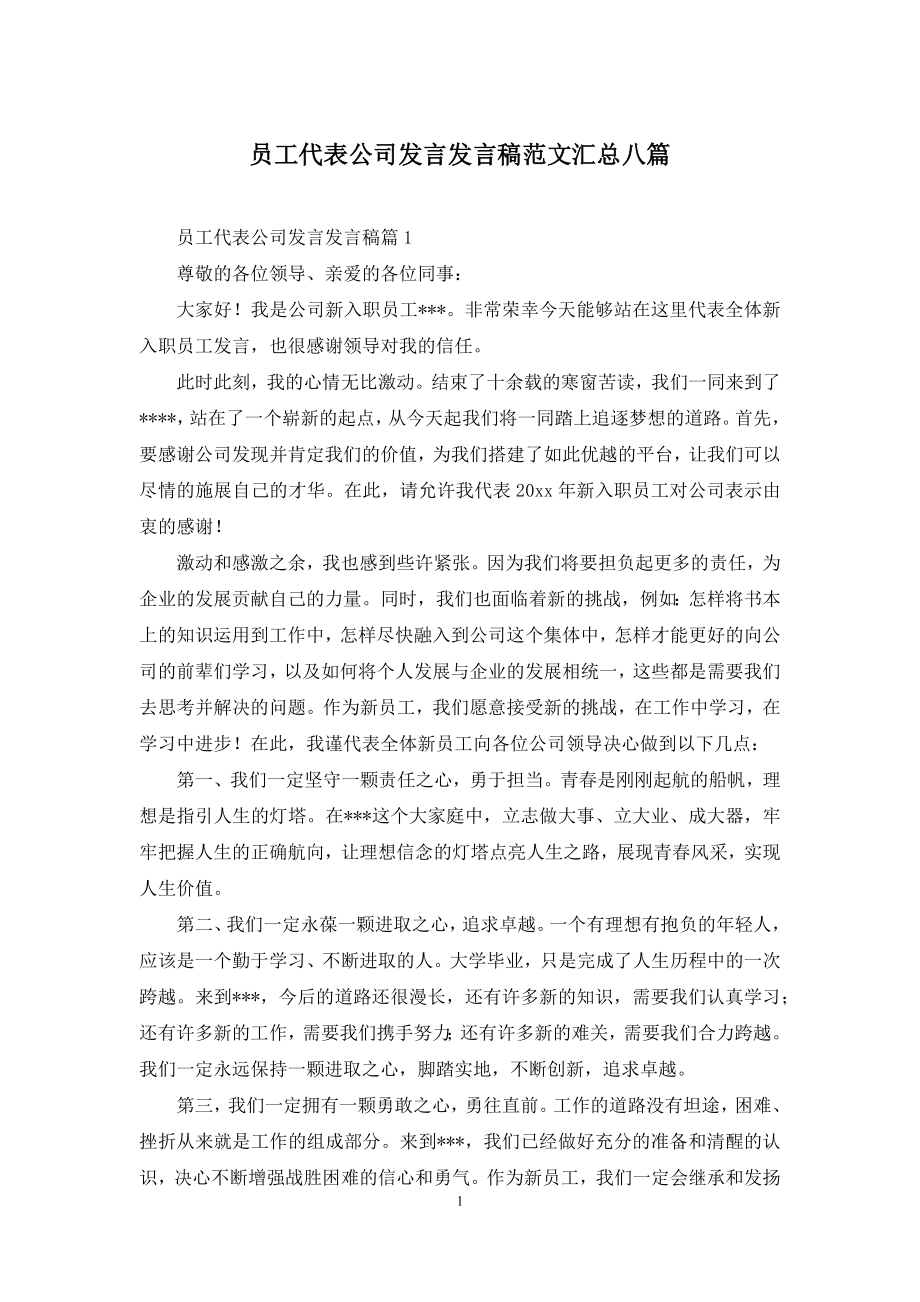 员工代表公司发言发言稿范文汇总八篇.docx_第1页