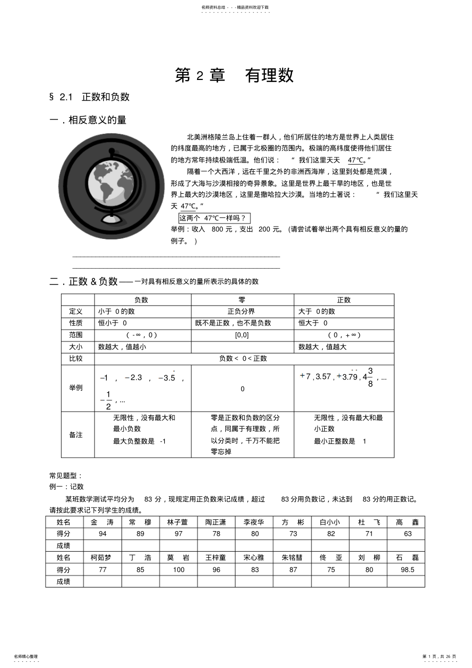 2022年2022年华师大版初中数学七年级上第二章_有理数 .pdf_第1页