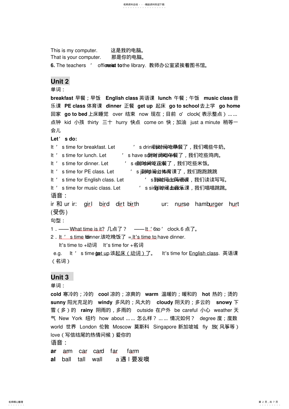 2022年新版PEP四年级下册英语复习知识点整理 .pdf_第2页