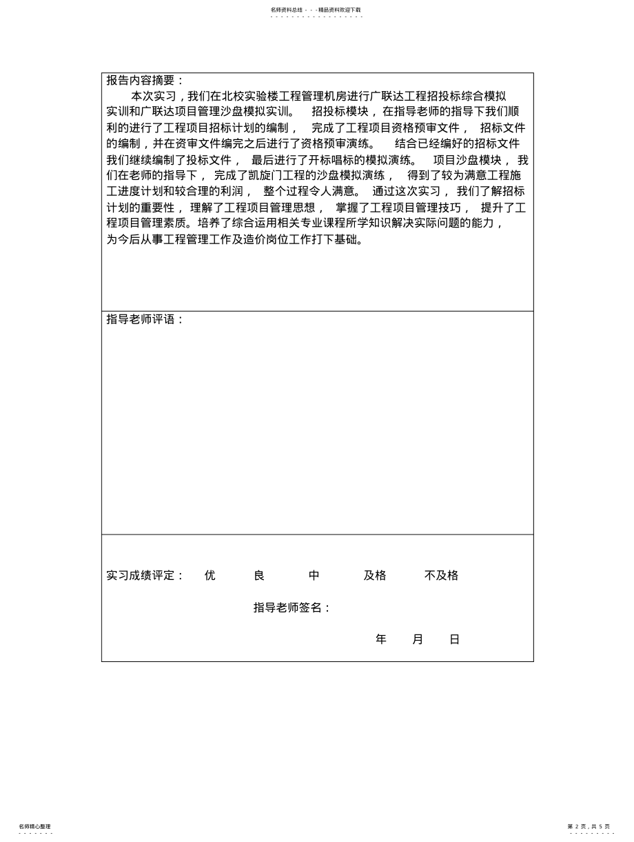 2022年2022年工程管理招投标与项目沙盘模拟实习报告 .pdf_第2页