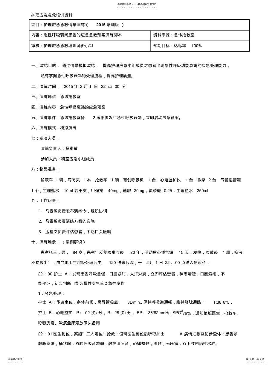 2022年2022年急诊呼吸衰竭患者的应急急救预案演练脚本培训版) .pdf_第1页