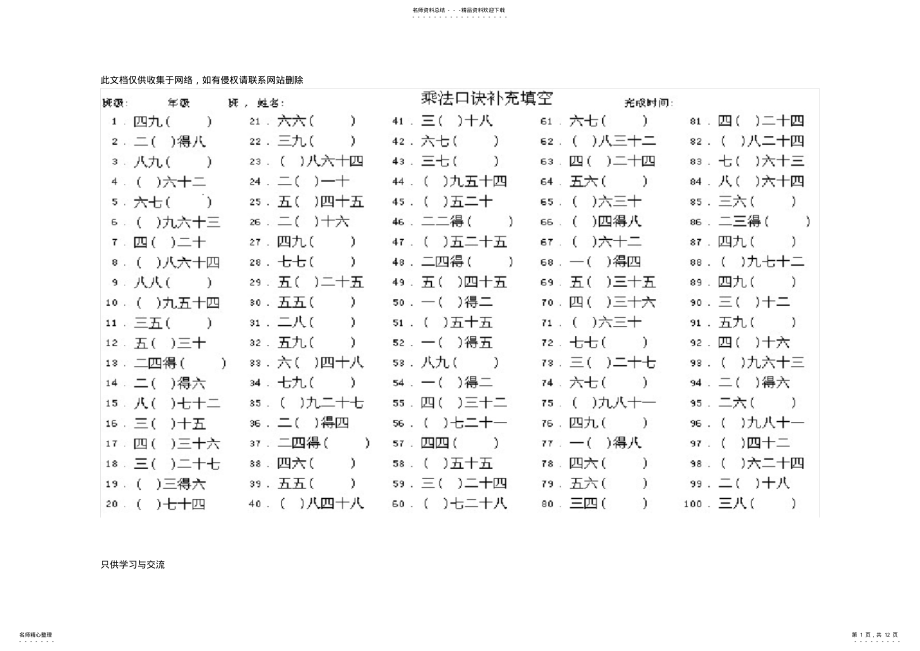 2022年日乘法口诀练习题小学二年级可以直接打印知识分享 .pdf_第1页