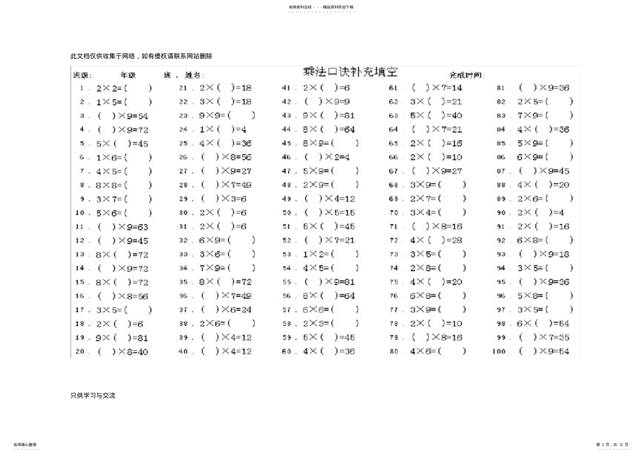 2022年日乘法口诀练习题小学二年级可以直接打印知识分享 .pdf_第2页