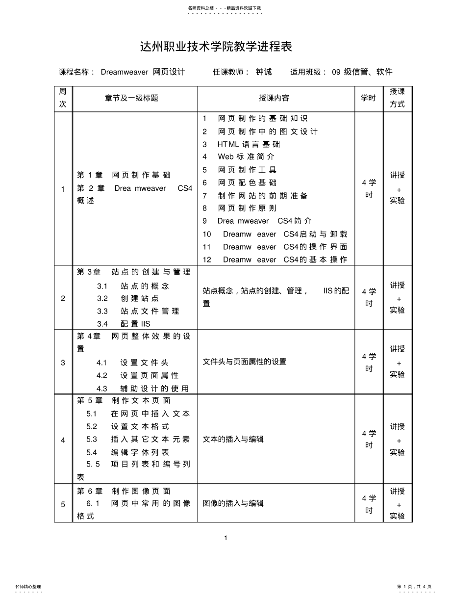 2022年2022年教学进程表-Dreamweaver网页设计 .pdf_第1页