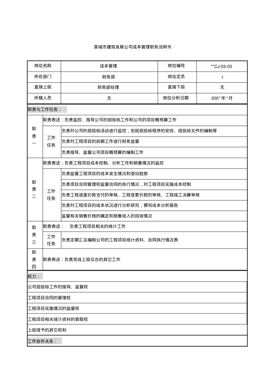 某城市建筑发展公司成本管理职务说明书.pdf_第1页