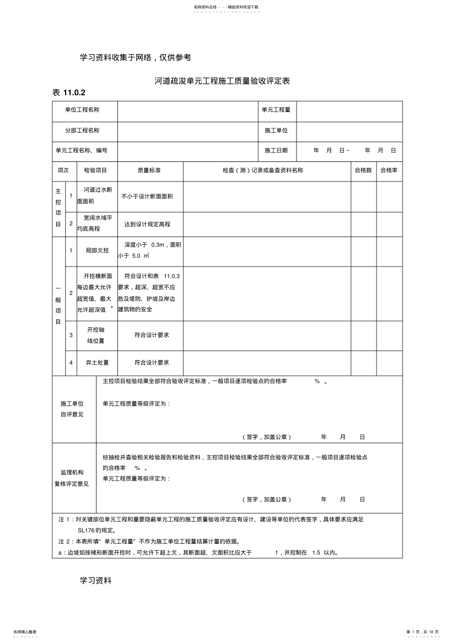 2022年2022年河道疏浚单元工程施工质量验收评定表 .pdf_第1页