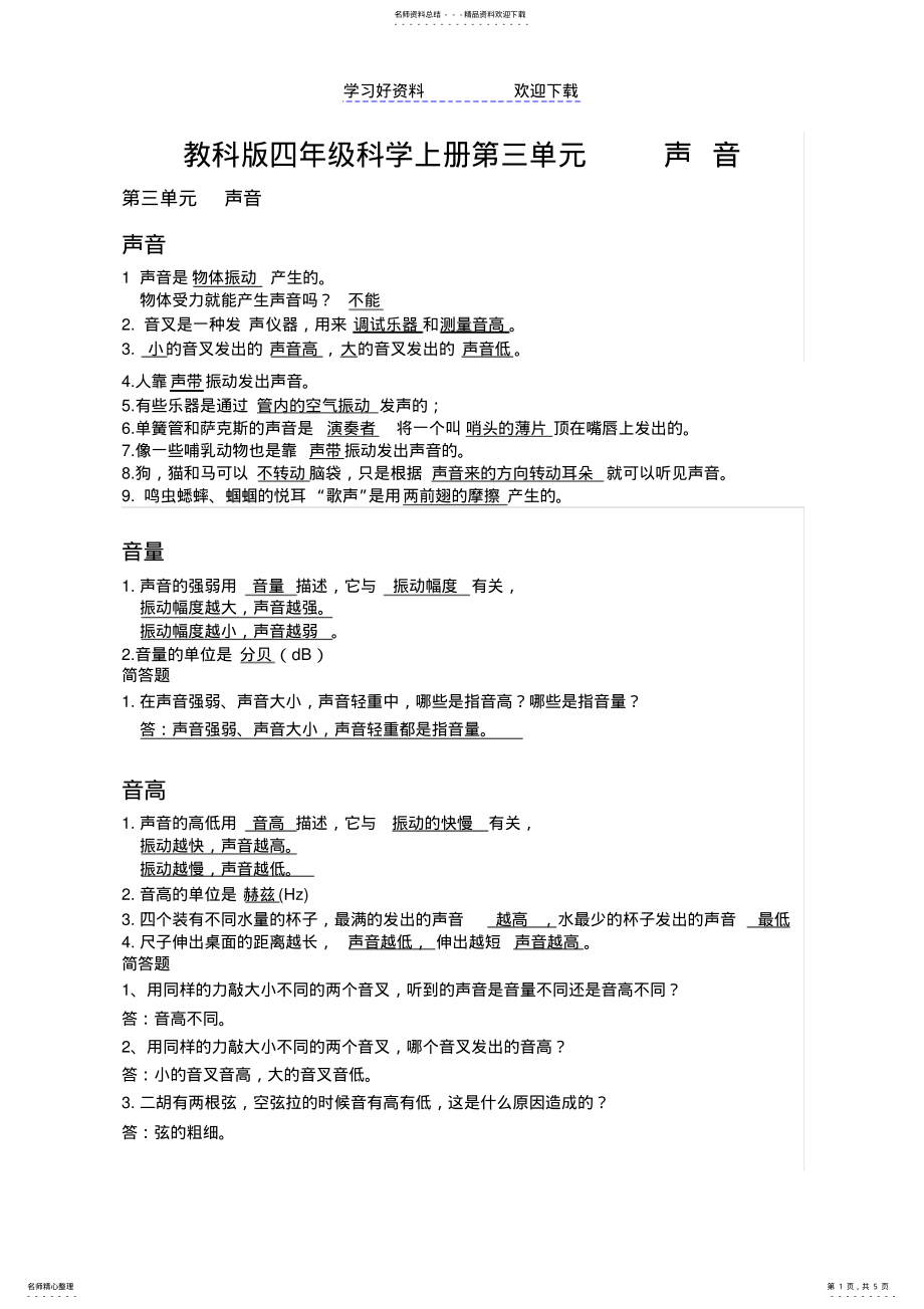 2022年2022年教科版四年级科学上册第三单元复习资料 .pdf_第1页