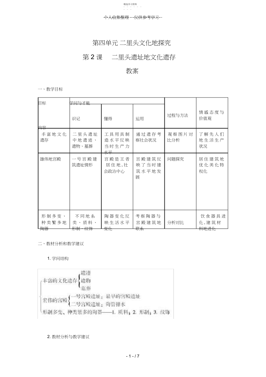 2022年普通高中历史：.《二里头遗址的文化遗存》教案.docx_第1页