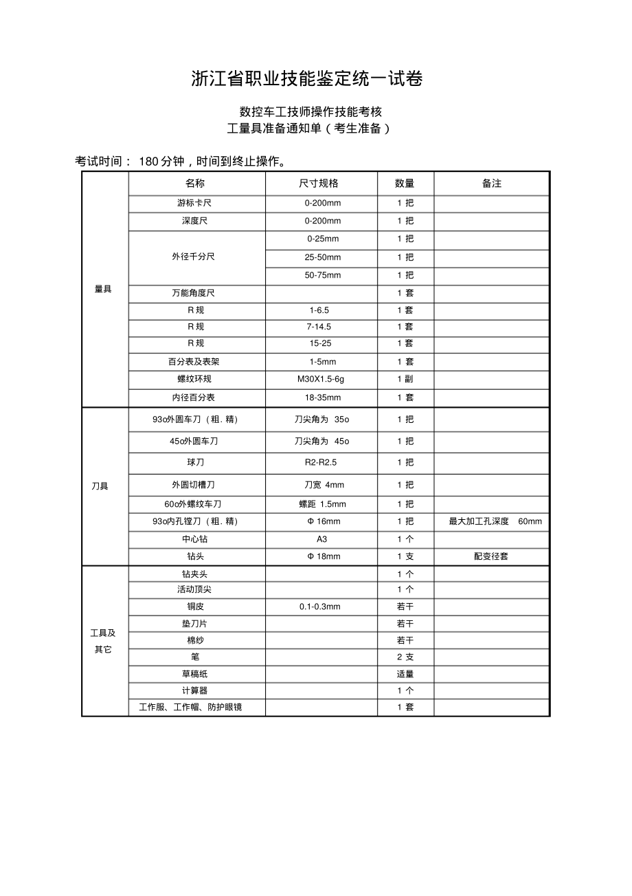 数控车工技师操作技能考核试卷工量具准备通知单(考生准备).pdf_第1页