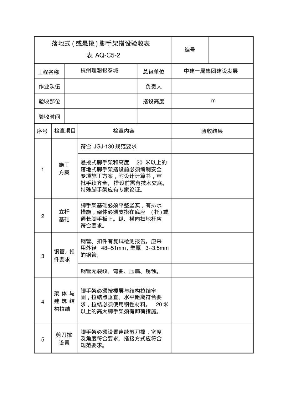 落地式(或悬挑)脚手架搭设验收表.pdf_第1页