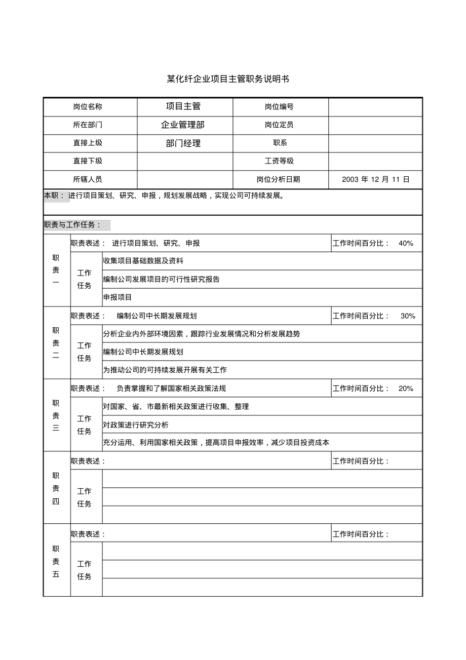 某化纤企业项目主管职务说明书.pdf_第1页