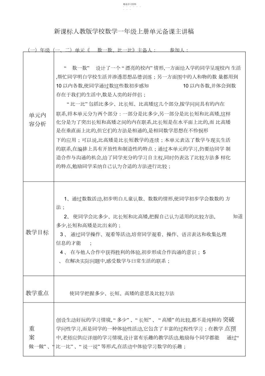 2022年新课标人教版小学数学一年级上册单元备课主讲稿全册精品.docx_第1页