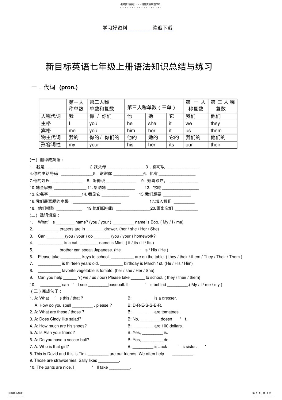 2022年新目标英语七年级上册语法知识总结与练习 .pdf_第1页