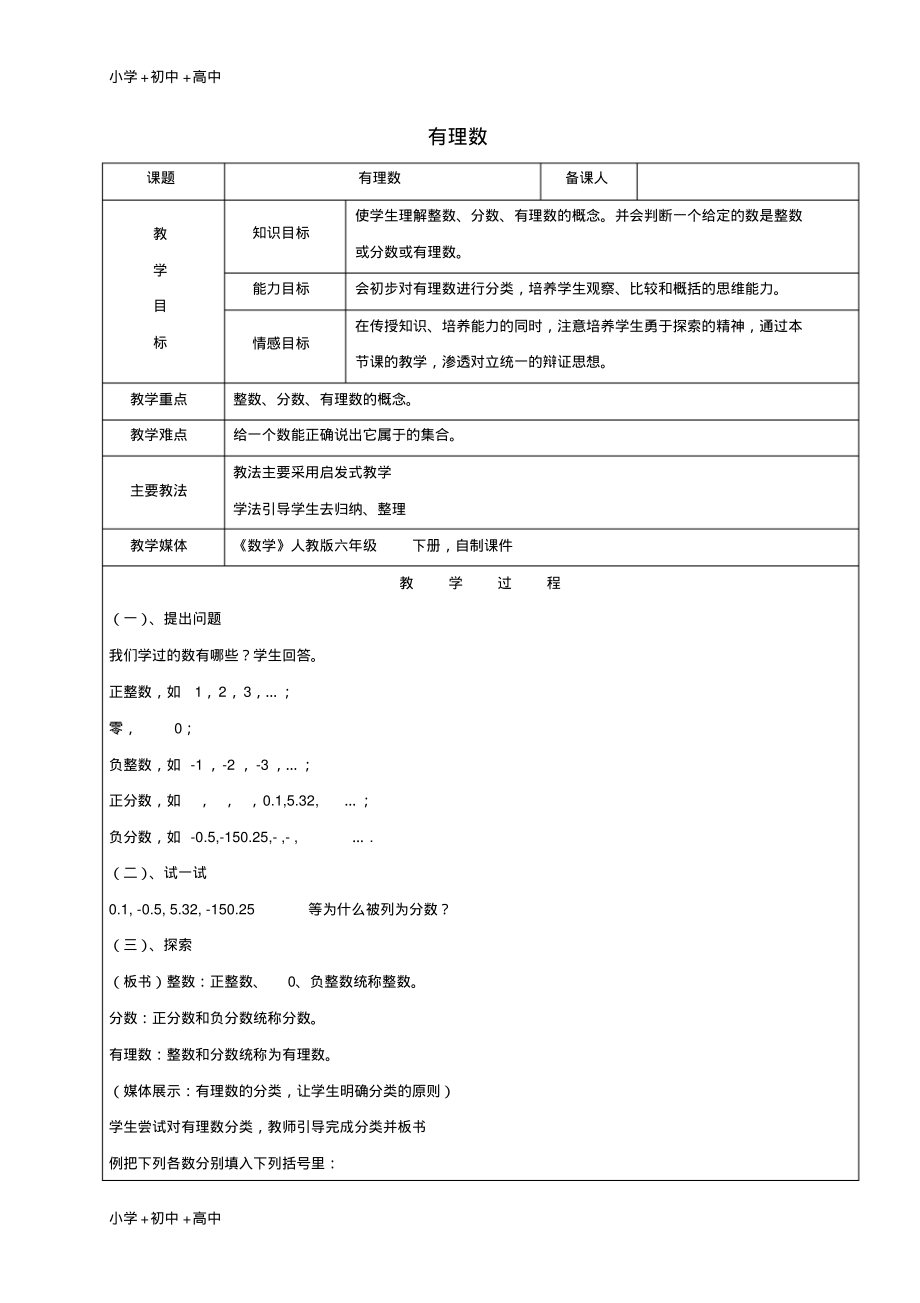 教育最新2017学年六年级数学下册7.2有理数教案新人教版五四制.pdf_第1页