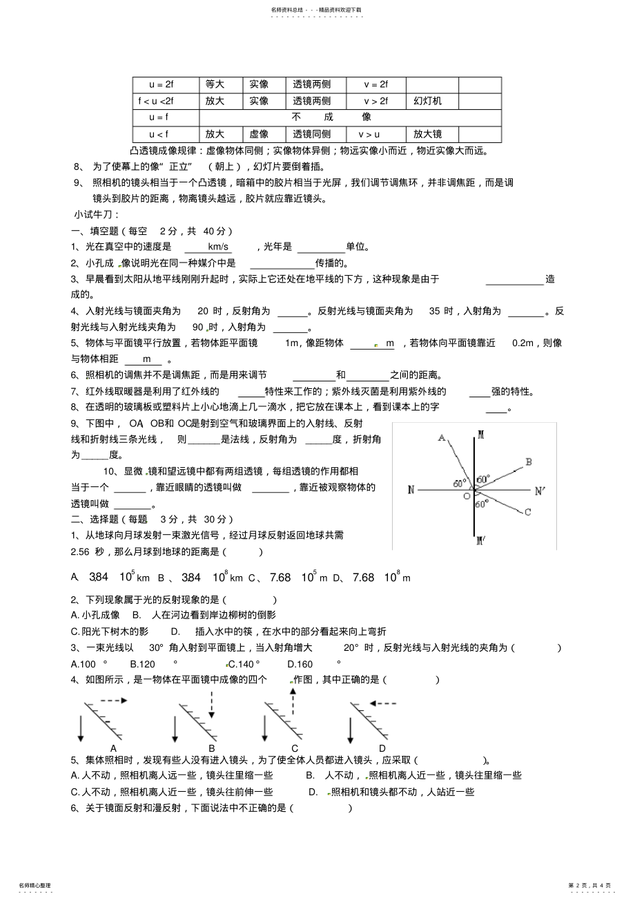 2022年2022年湖南省娄底市新化县第五中学八年级物理上册第四章《光的折射》复习资料习题 .pdf_第2页