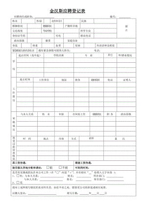 餐饮运营烧烤餐厅开店资料 金汉斯 应聘登记表P1.doc