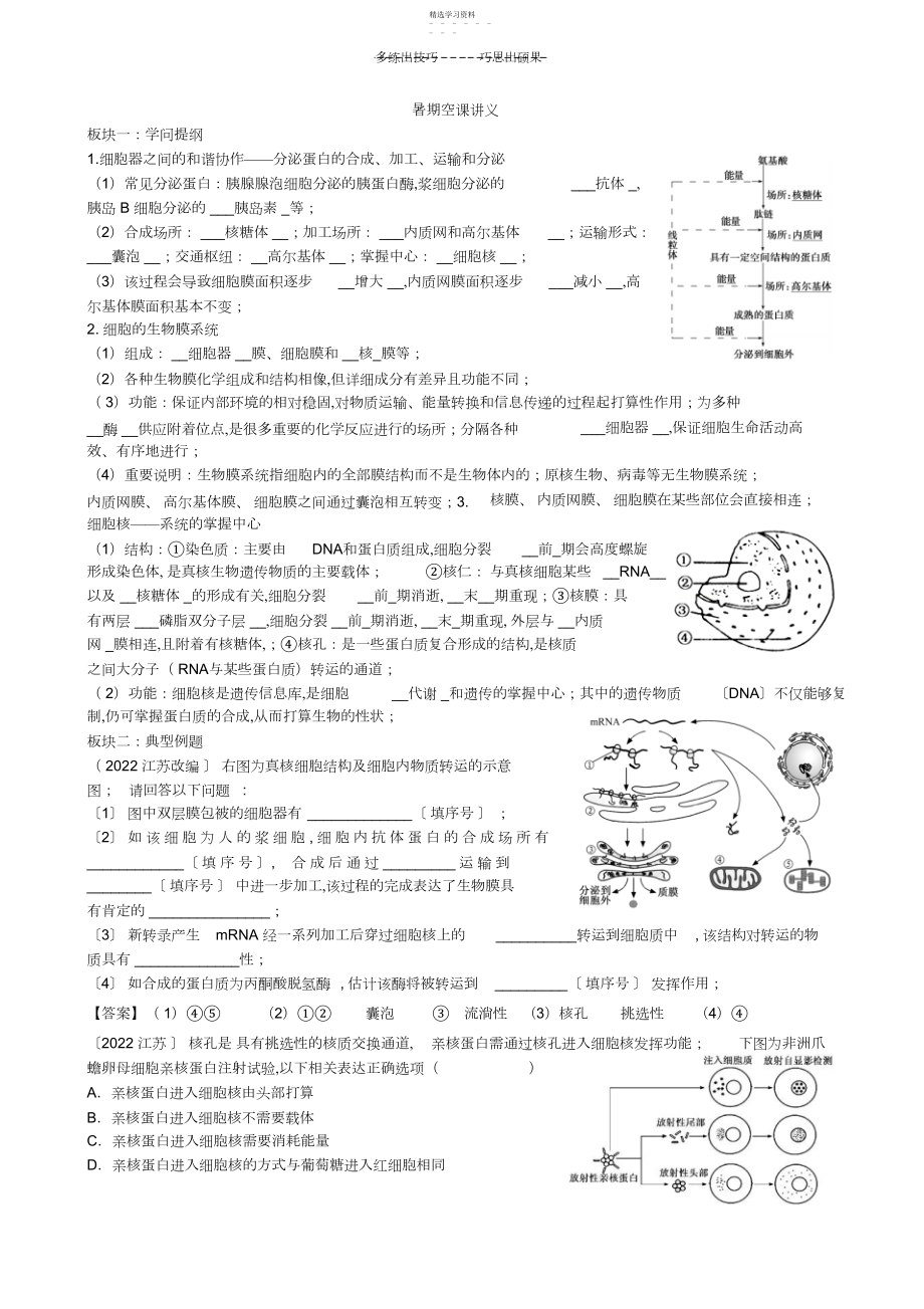 2022年暑期空课生物膜系统和细胞核答案版.docx_第1页