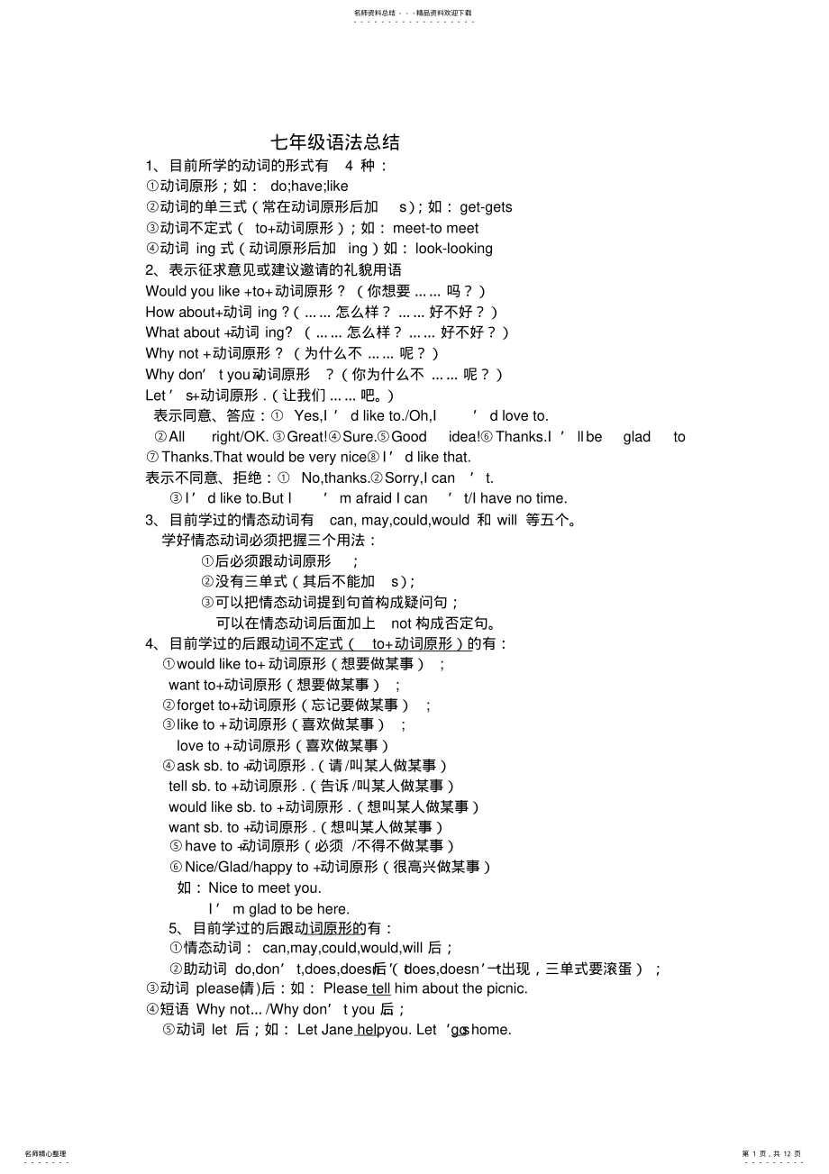 2022年最全的人教版七年级英语语法总结,推荐文档 .pdf_第1页