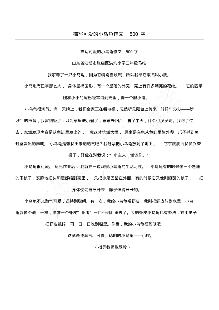 描写可爱的小乌龟作文500字.pdf_第1页