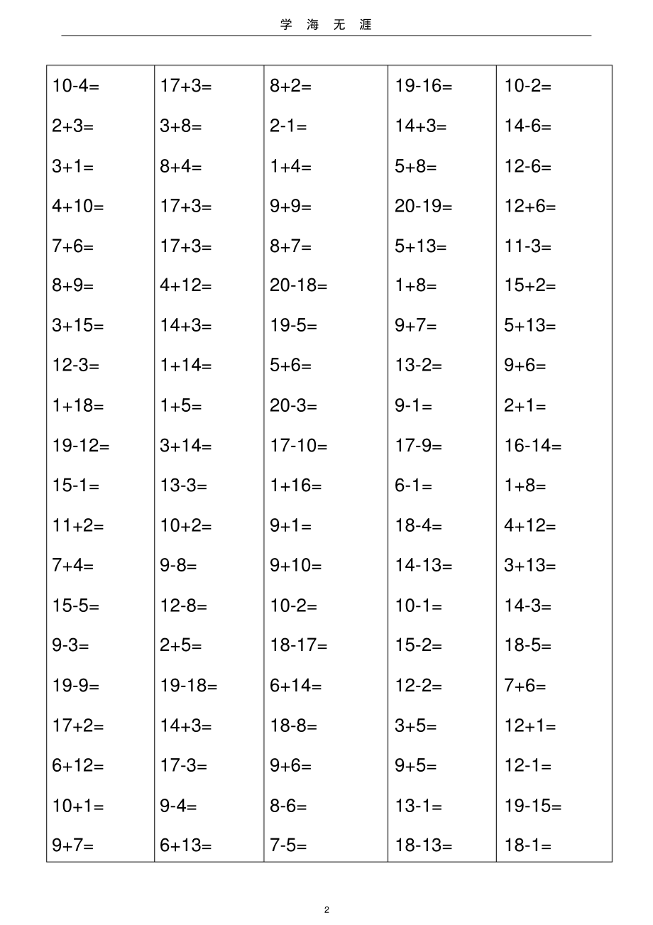 (2020年7月整理)20以内加减法、混合加减法口算题.doc.pdf_第2页