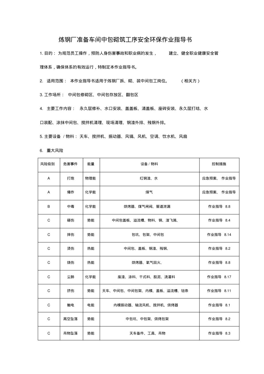 炼钢厂准备车间中包砌筑工序安全环保作业指导书.pdf_第1页