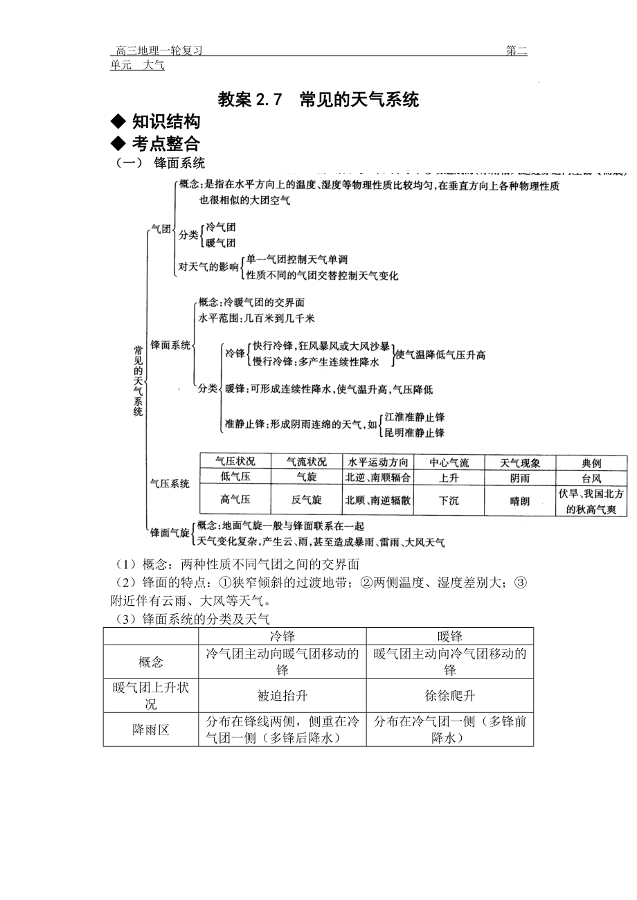 高考地理一轮复习 教案 2.7常见的天气系统 .docx_第1页