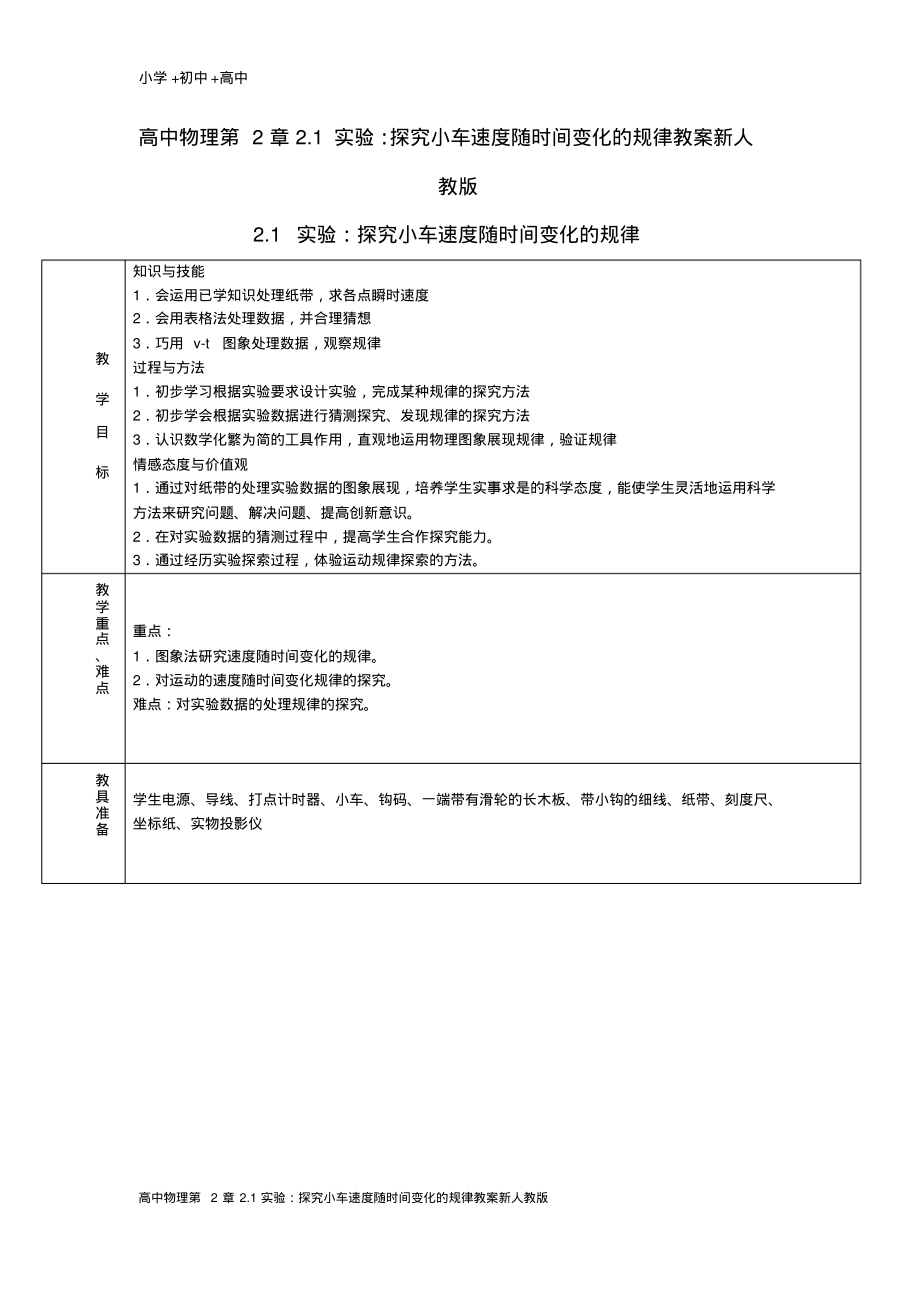 高中物理第2章2.1实验：探究小车速度随时间变化的规律教案新人教版.pdf_第1页