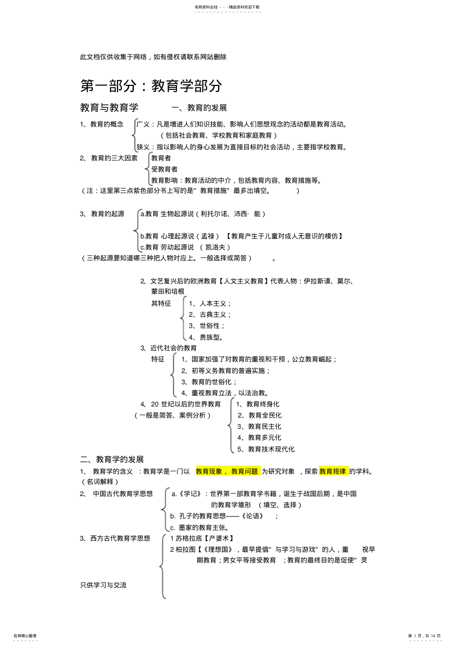 2022年2022年教师招聘考试教育学、教育心理学复习重点考点汇总复习进程 .pdf_第1页