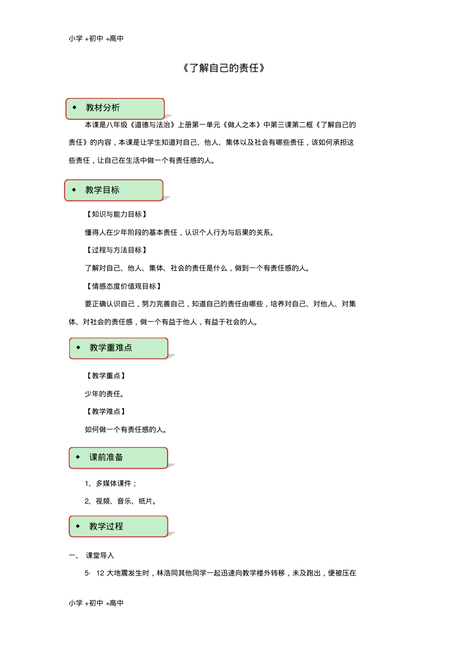 教育最新2017秋八年级道德与法治上册第一单元做人之本1.3自我负责第2框了解自己的责任教学设计粤教版.pdf_第1页