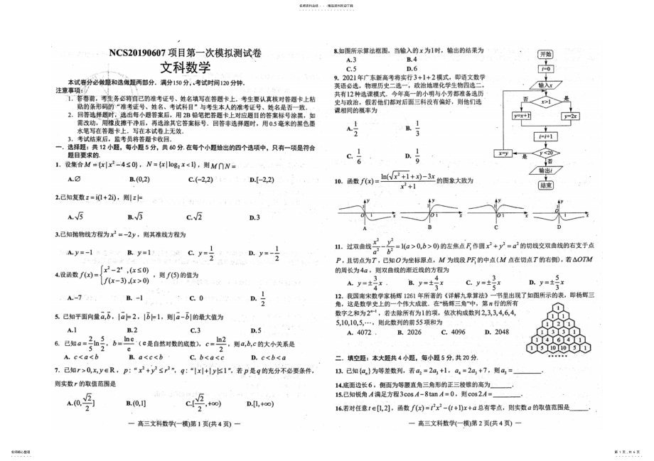 2022年2022年江西省南昌市届高三第一次模拟考试数学试题 .pdf_第1页